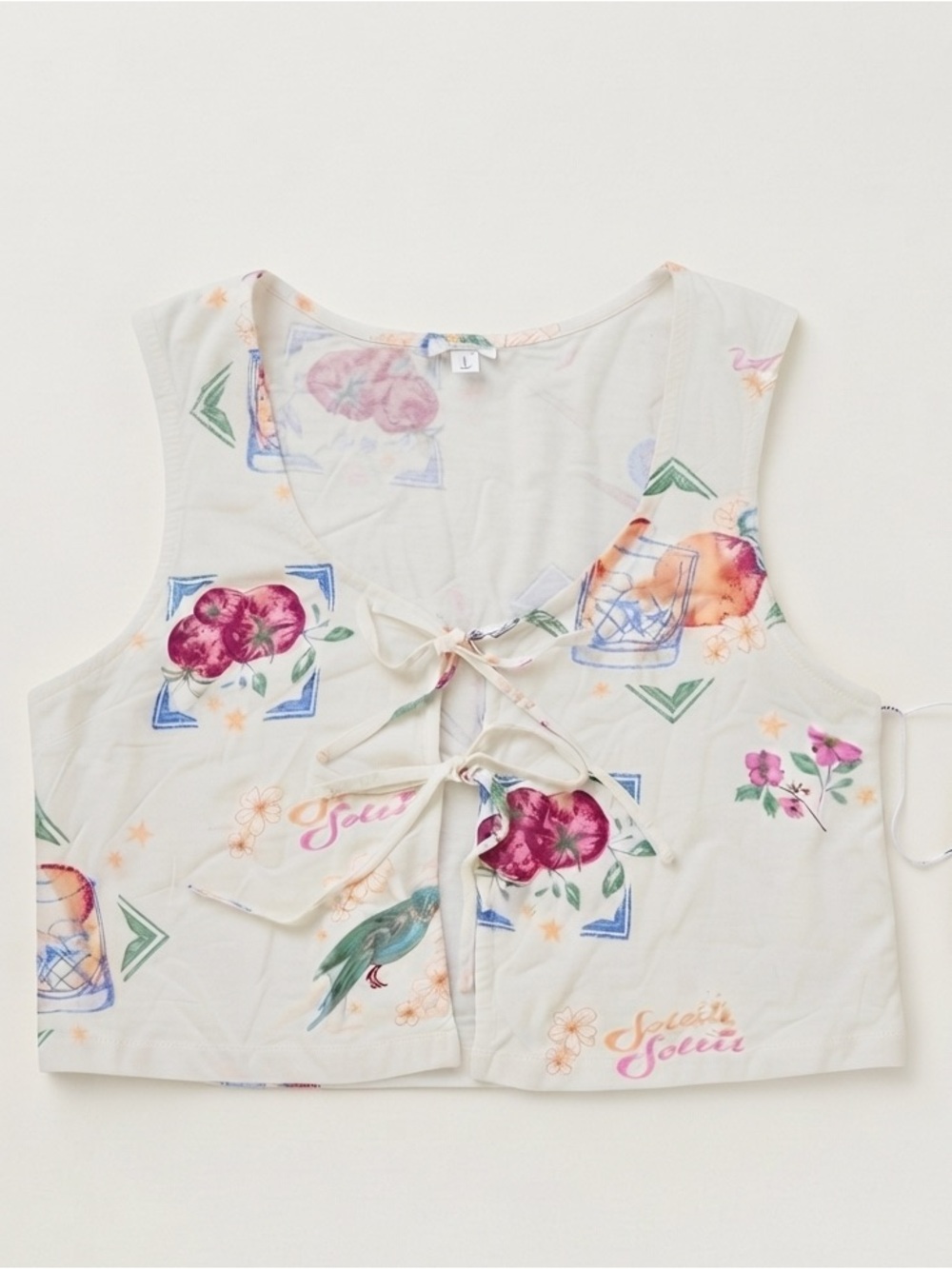 Floral Tie-Front Crop Top in Cream and Pastel Print - Picture 2 of 4
